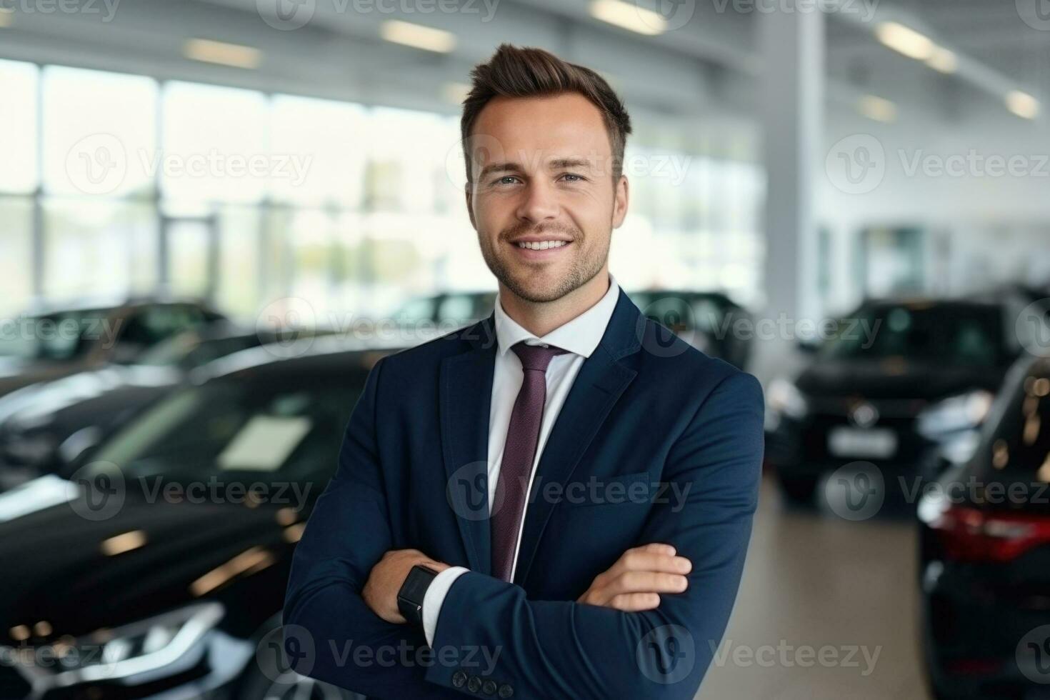 Portrait of confident salesman in car showroom. Generative AI photo