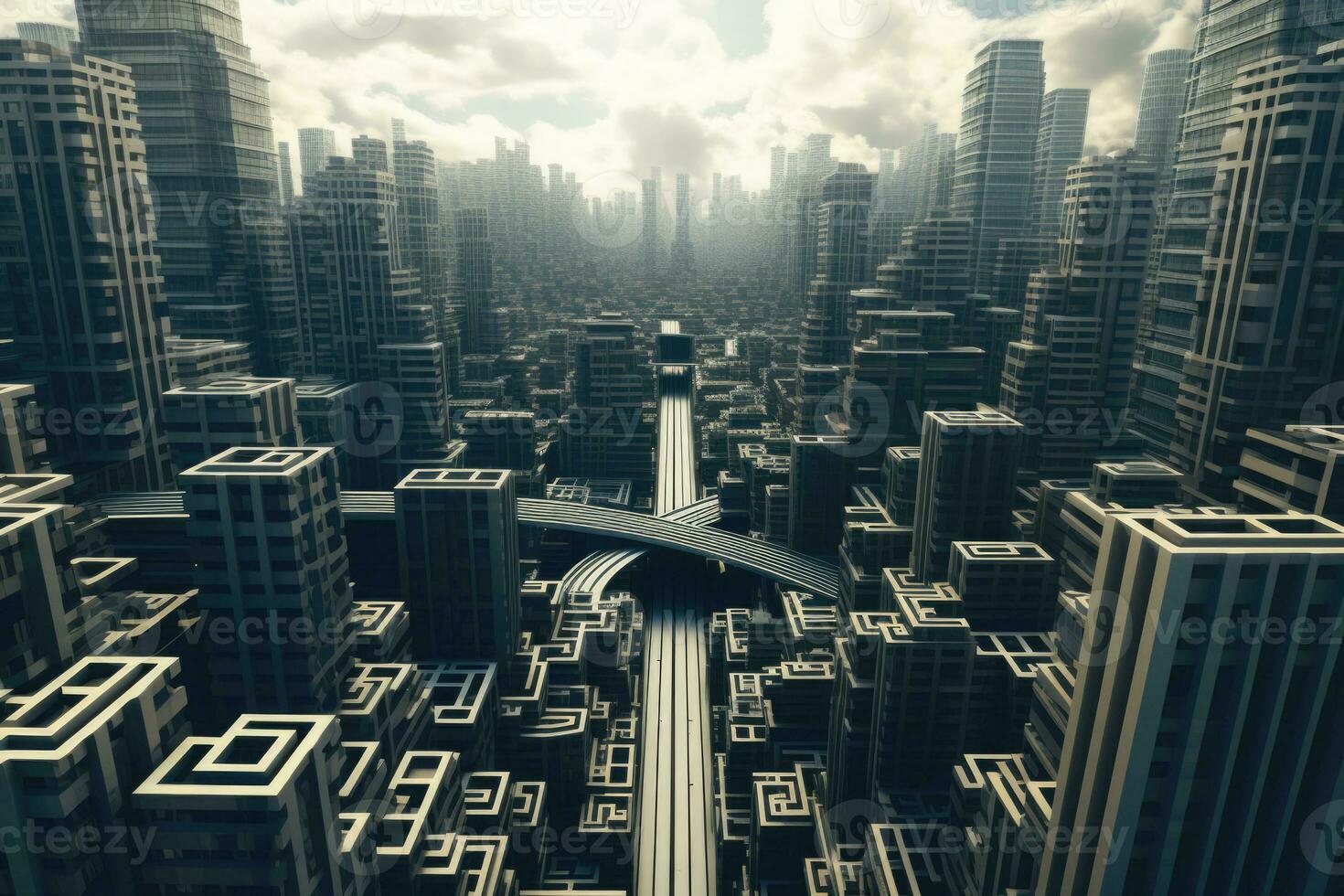 City as maze with streets and high rising buildings. Generative AI photo