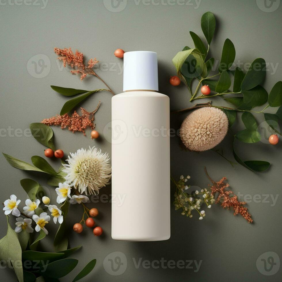 skin care product bottle, shampoo, lotion, with neural background AI Generative photo