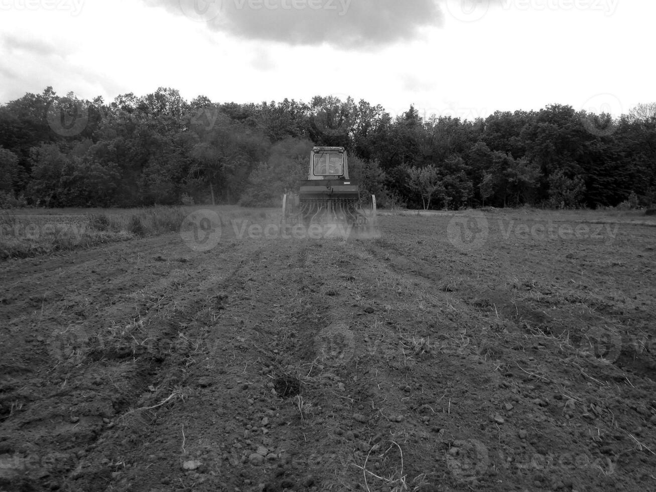Plowed field by tractor in black soil on open countryside nature photo