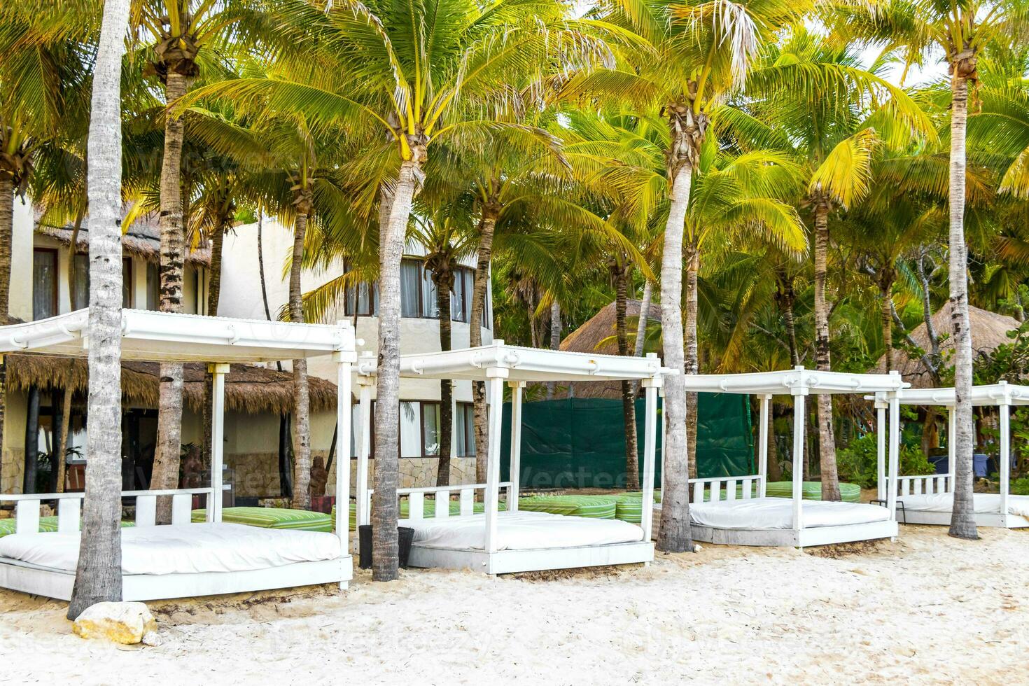 Palapa thatched roofs palms parasols sun loungers beach resort Mexico. photo