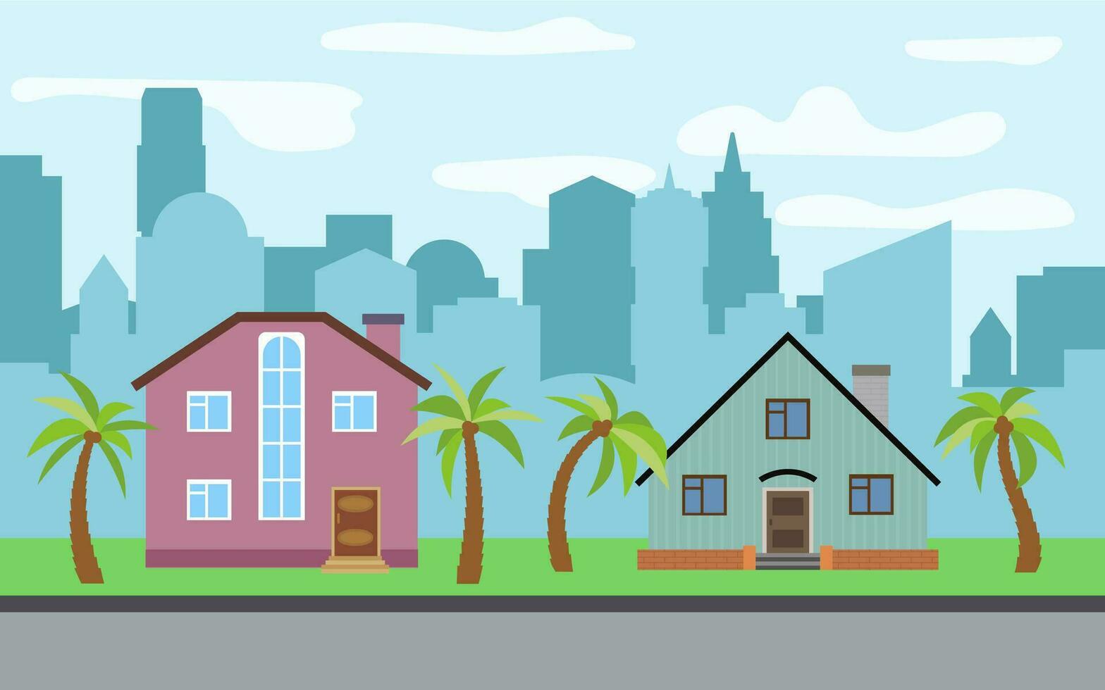 Vector city with two two-story cartoon houses and palm trees in the sunny day. Summer urban landscape. Street view with cityscape on a background