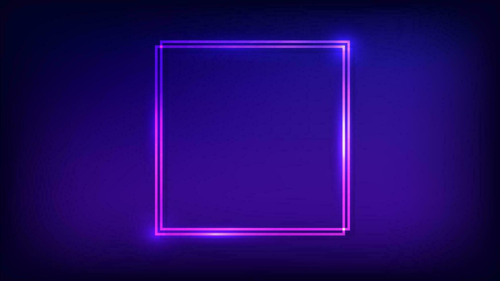 Neon double square frame with shining effects on dark background. Empty glowing techno backdrop. Vector illustration.