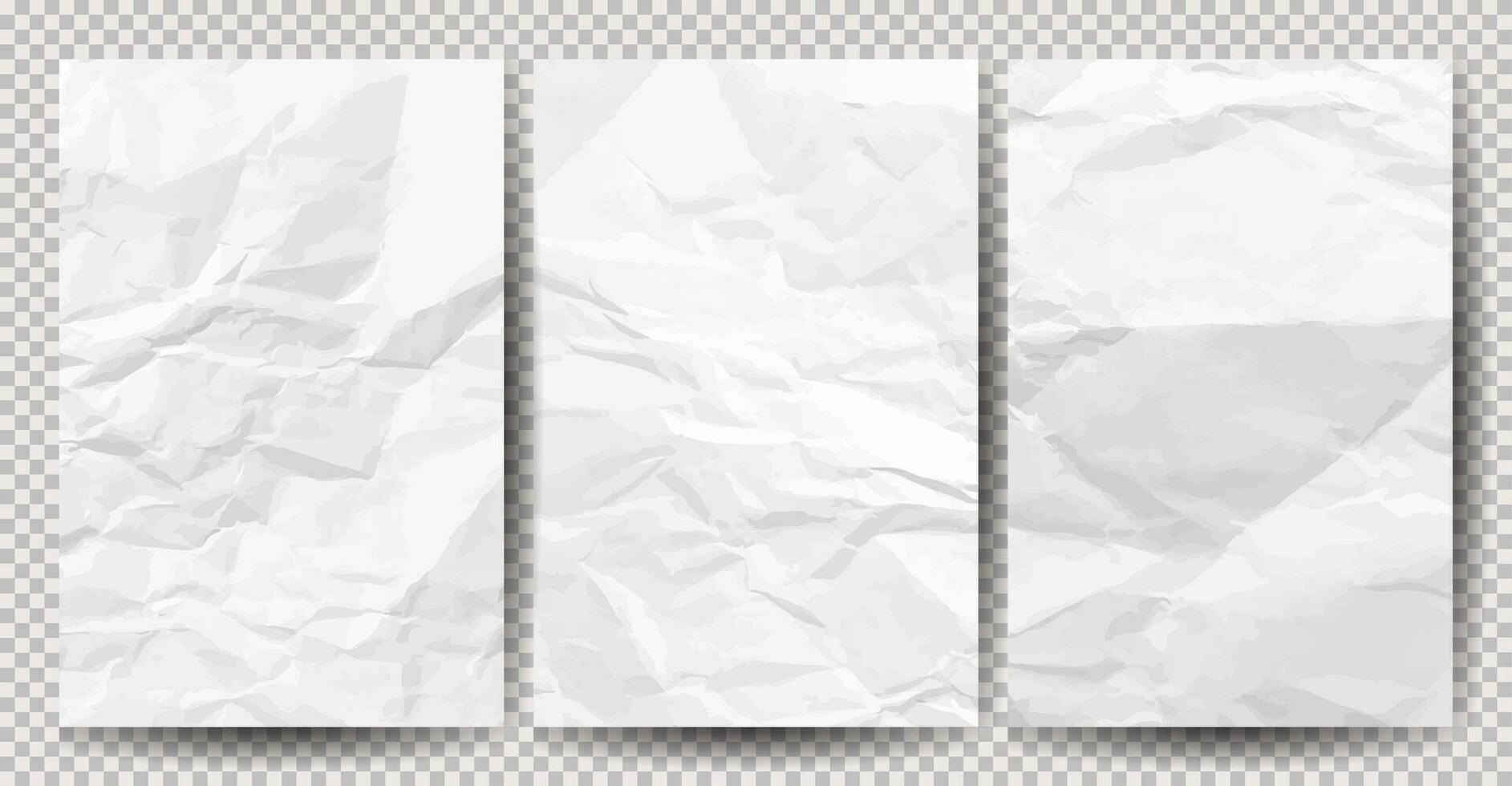 Set of white clean crumpled papers on transparent background. Crumpled empty sheets of paper with shadow for posters and banners. Vector illustration