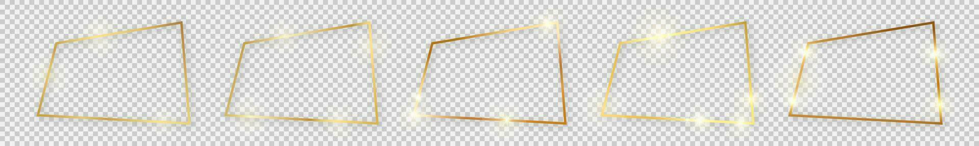 Set of five gold shiny rectangular frames with glowing effects and shadows on background. Vector illustration