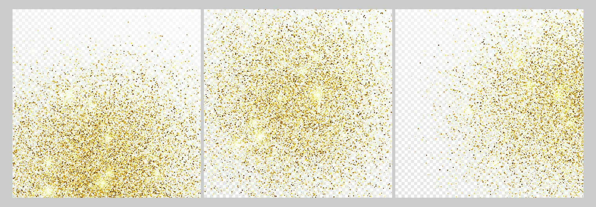 Set of three gold glitter confetti backdrops isolated on white backgrounds. Celebratory texture with shining light effect. Vector illustration.