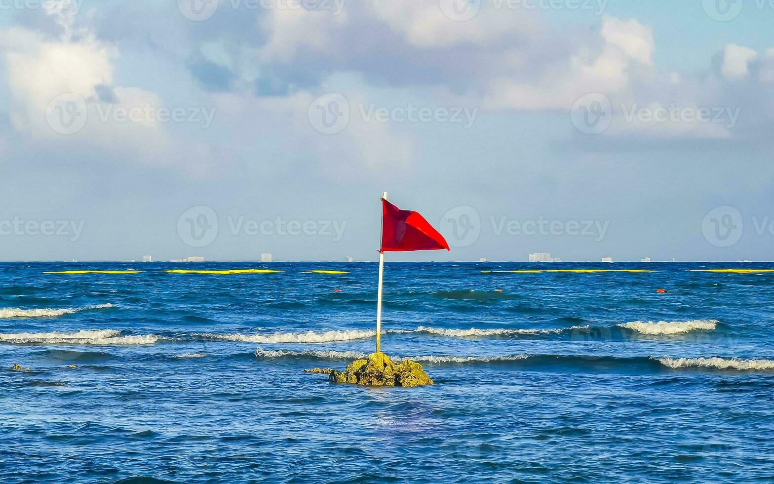 Red flag swimming prohibited high waves Playa del Carmen Mexico. photo