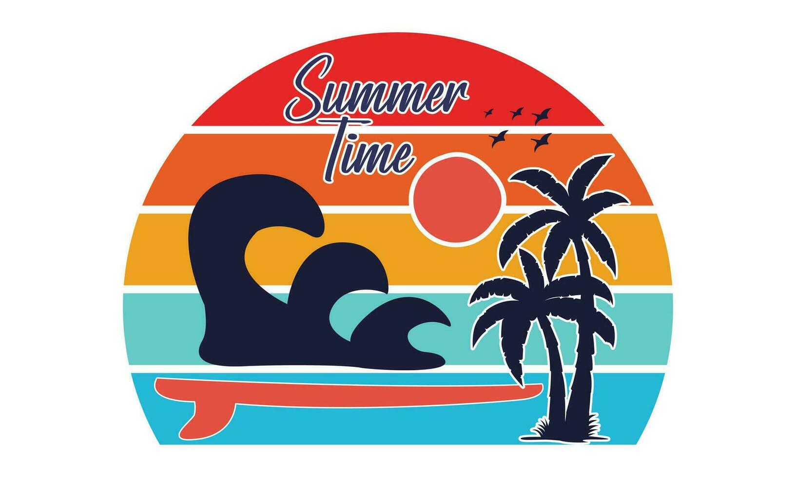 Summer Time Surfing Boats Colorful Beach Illustration Design, Hello, Summer California Beach Vector T-shirt Design.