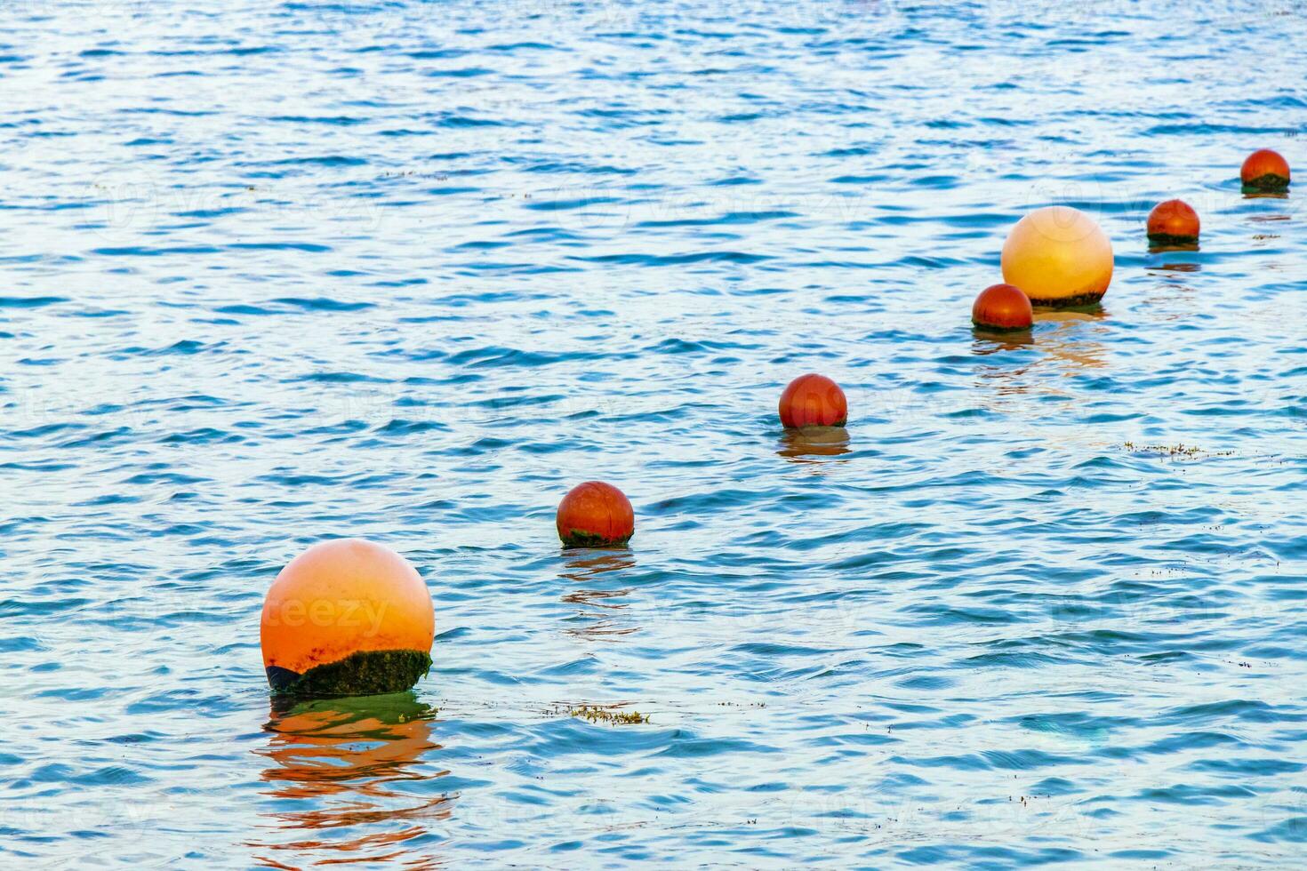 Blue water waves ocean with buoy buoys ropes nets Mexico. photo