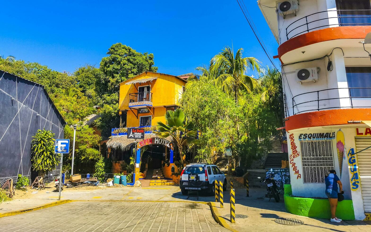 Puerto Escondido Oaxaca Mexico 2023 Typical beautiful colorful tourist street sidewalk city Puerto Escondido Mexico. photo