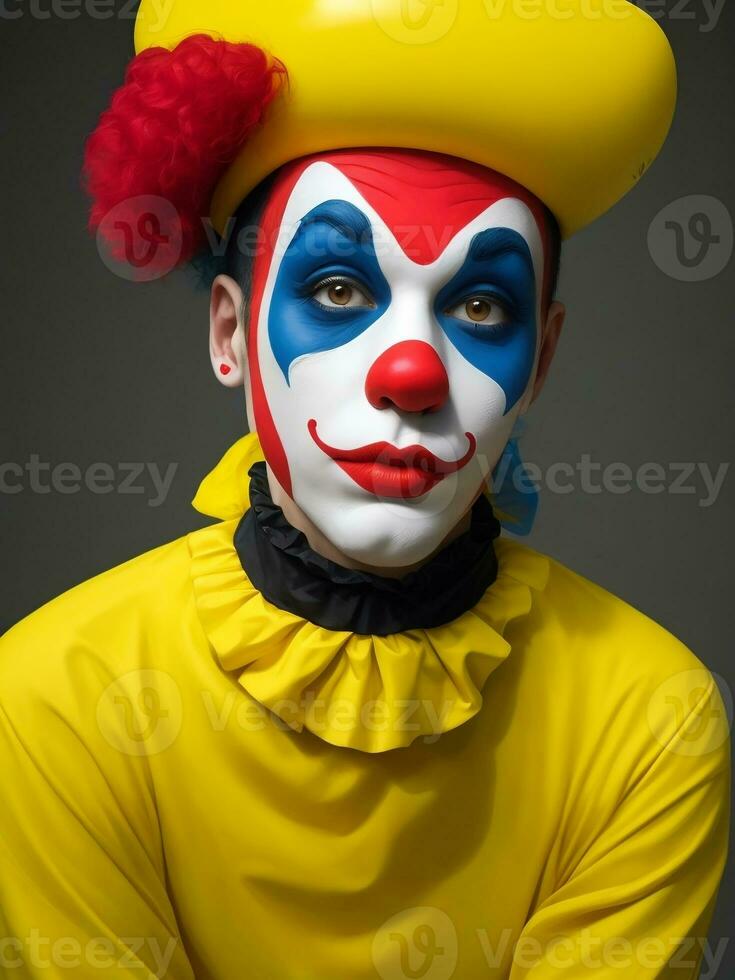mímica hombre rojo, amarillo, verde, rosa, azul y vistoso pintar cara deportivo ventilador payaso circo retrato arte, ai generado foto