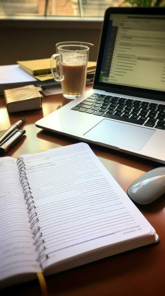 Desk with notepad and pen next to keyboard photo