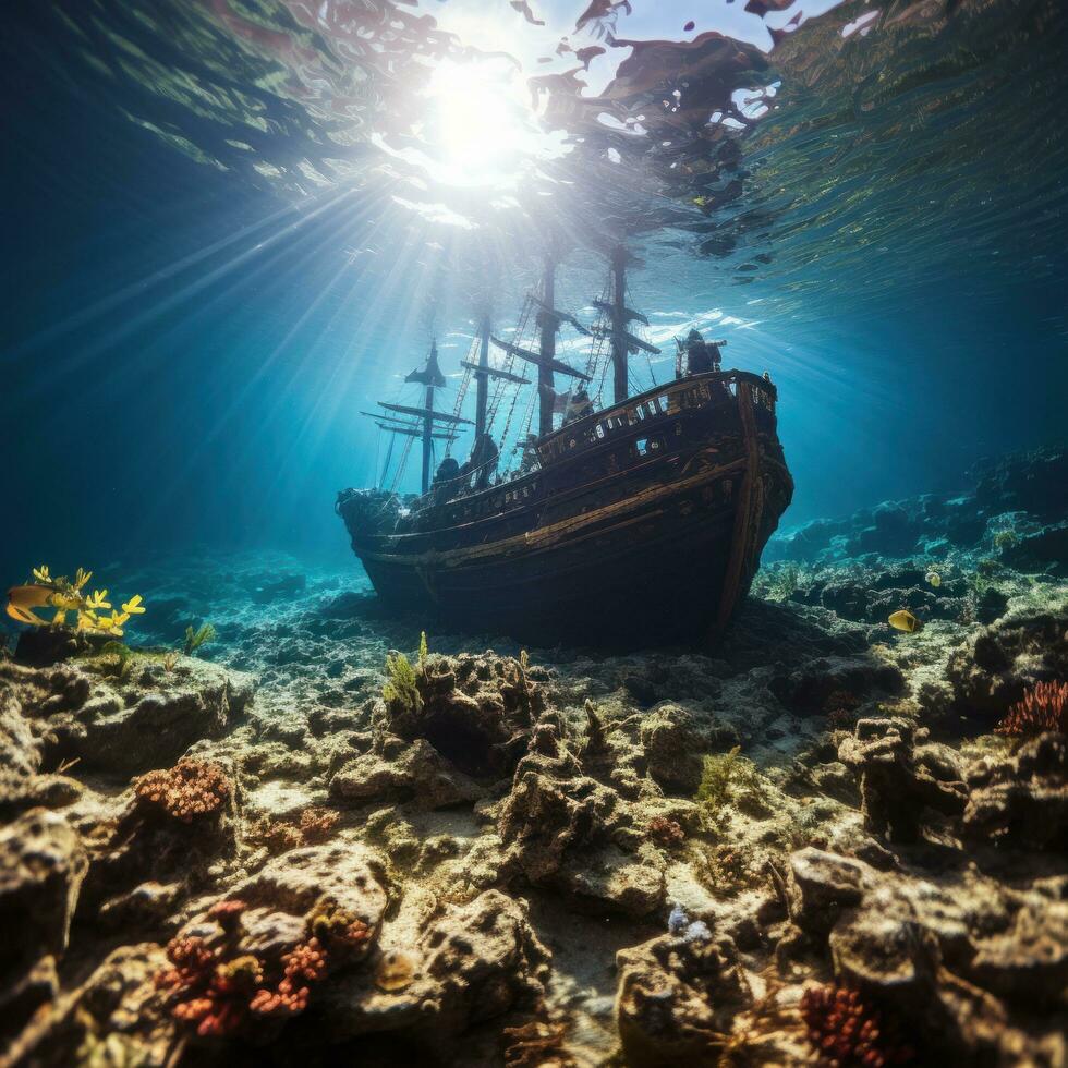 Eerie shipwreck resting on the ocean floor, surrounded by marine life photo