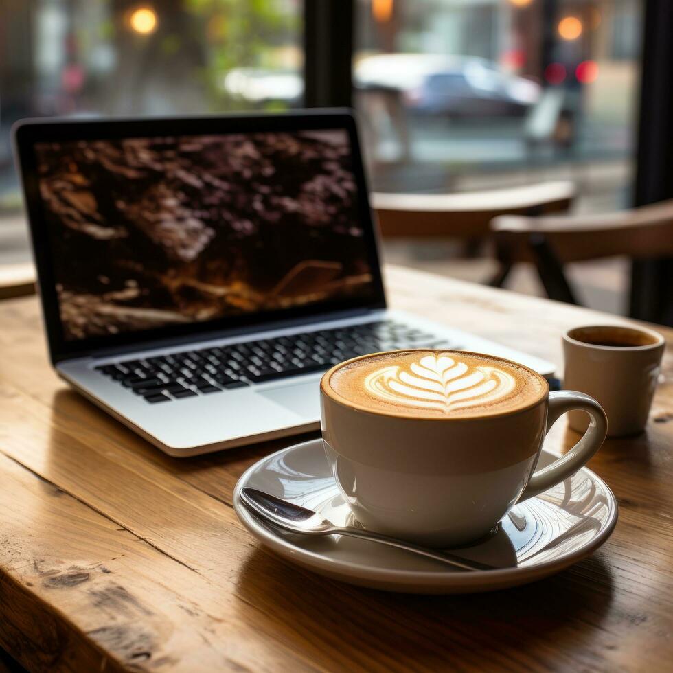 Coffee and laptop on desk photo