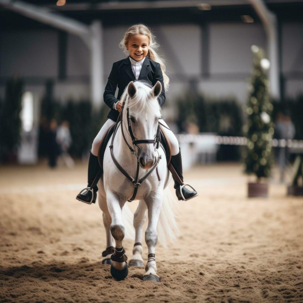 un niña ejecutando un entrenamiento de caballos rutina con su caballo de batalla foto