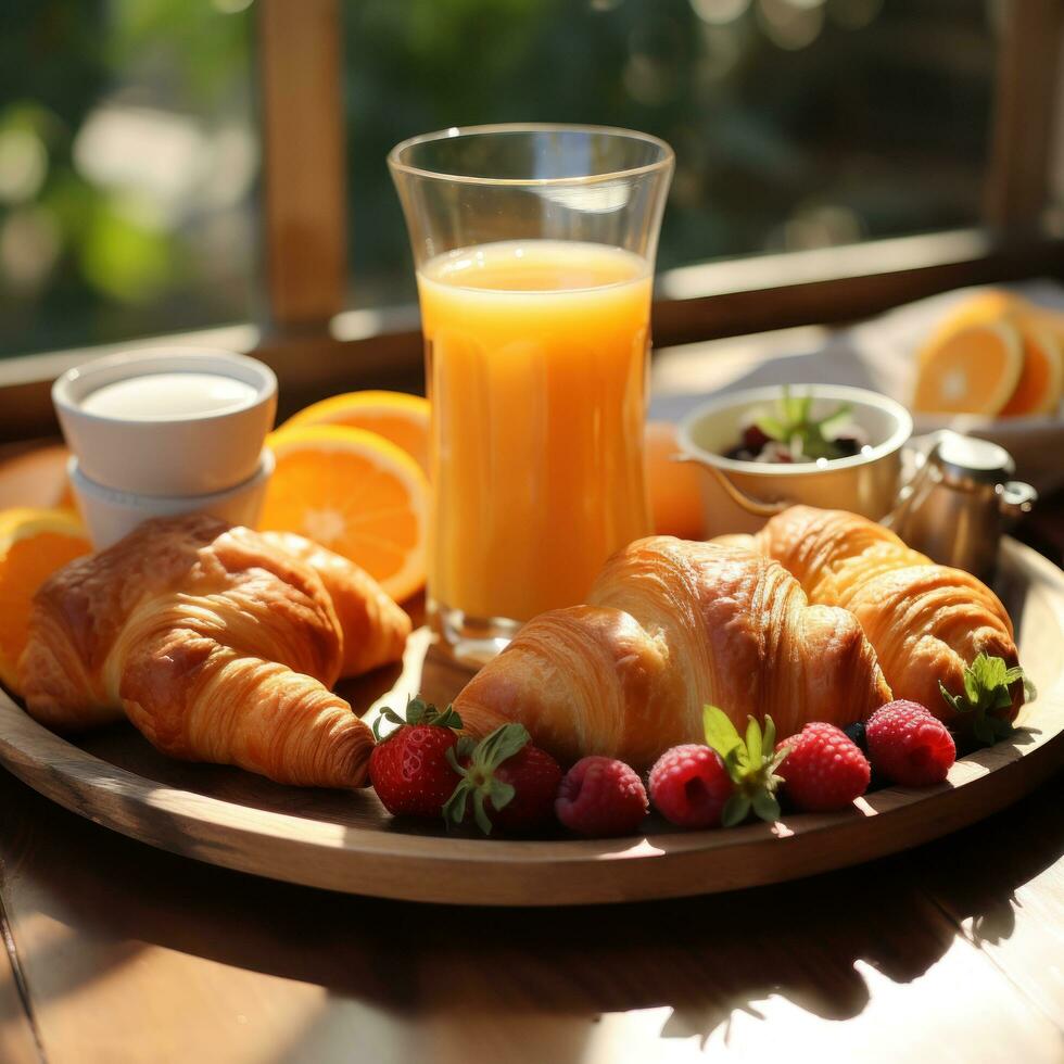 desayuno bandeja con croissants y naranja jugo foto