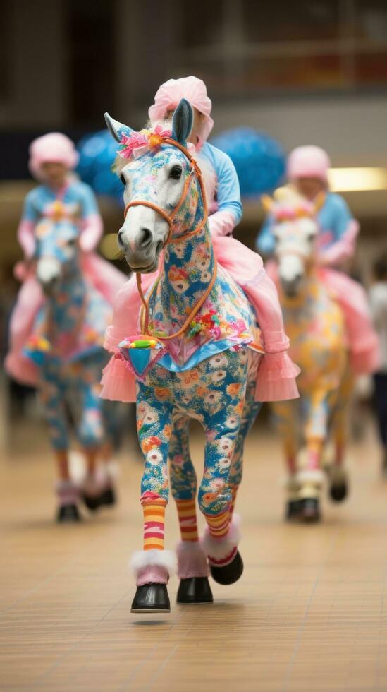 A group of hobbyhorses lined up on a field photo