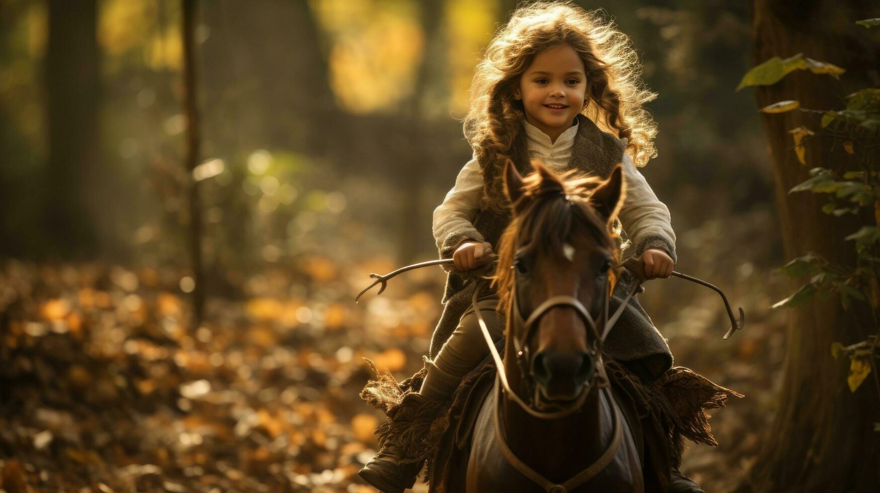 A girl riding a hobbyhorse through a forest photo
