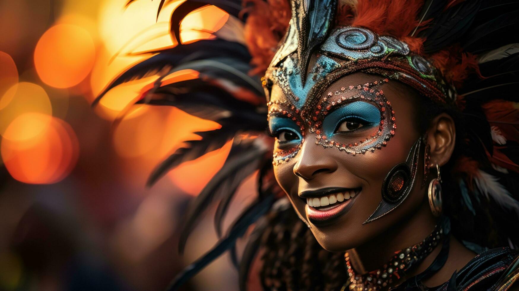 Colorful masks and feathers adorn dancers at Rio Carnival photo
