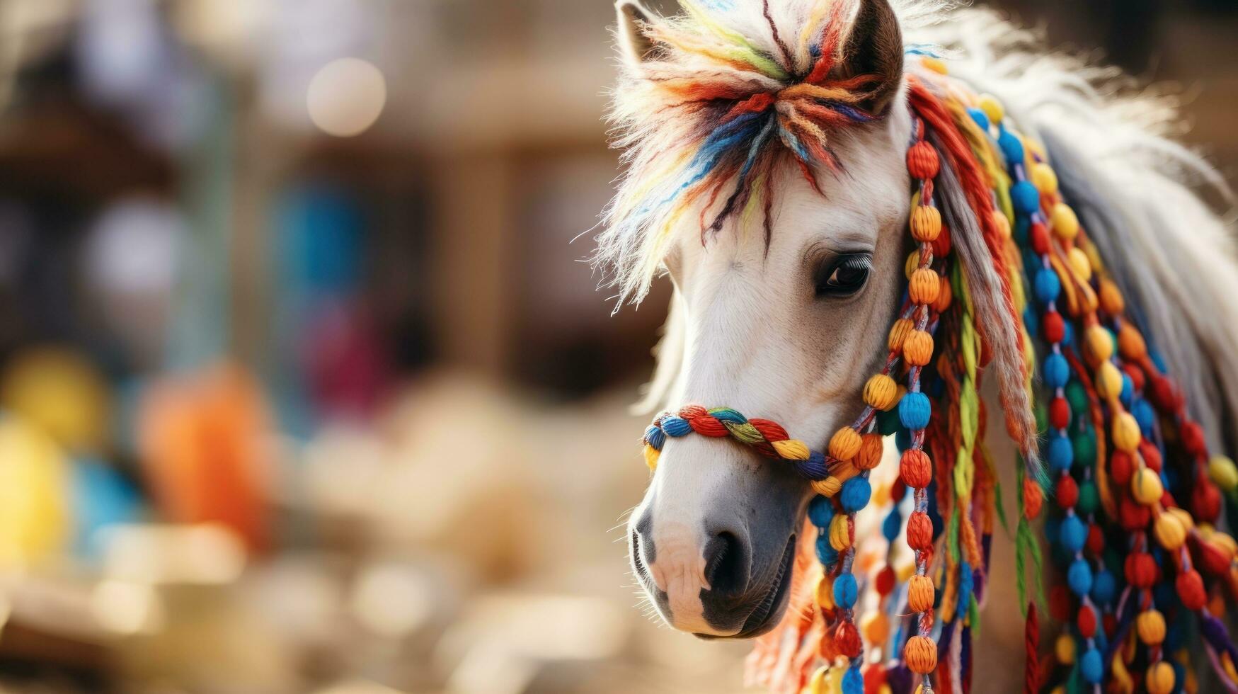 Close-up of a hobbyhorse with a colorful mane and reins photo