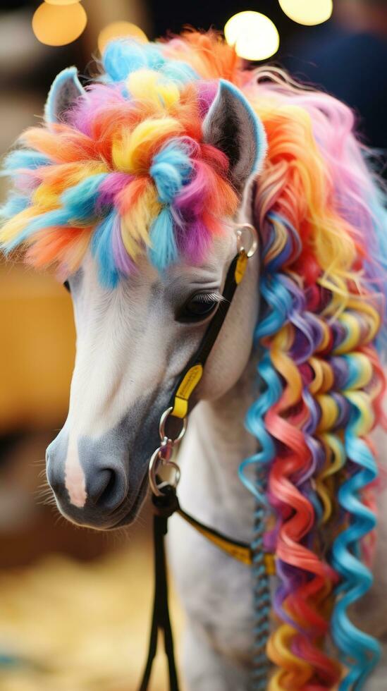 Close-up of a hobbyhorse with a colorful mane and reins photo