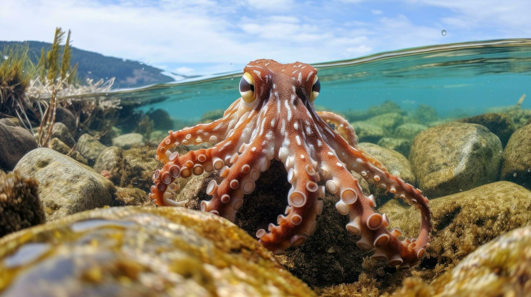 Elusive octopus camouflaged in the rocks and seaweed photo