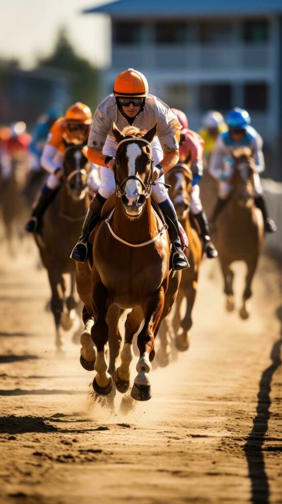 un caballo de batalla carrera con jinetes en un pista foto