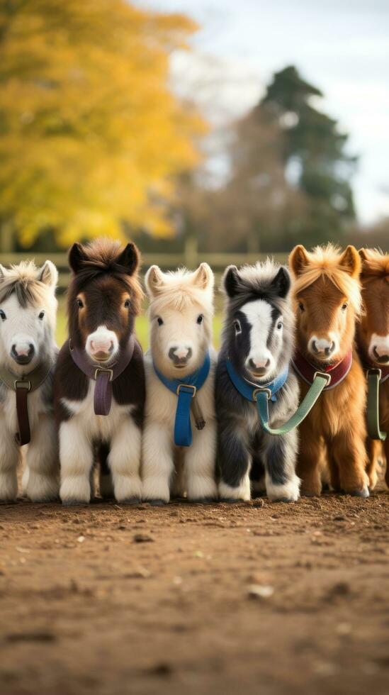 un grupo de caballos de batalla forrado arriba en un campo foto