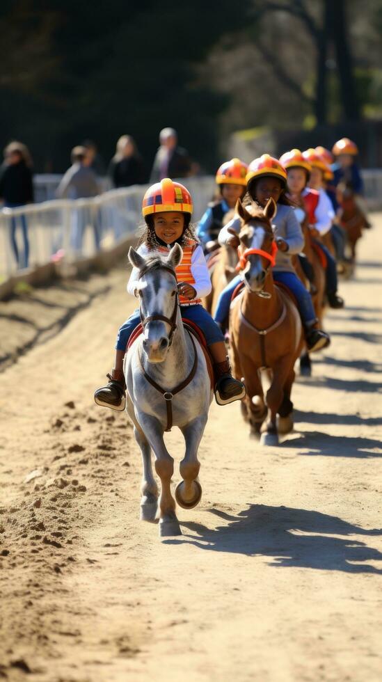 un caballo de batalla carrera con jinetes en un pista foto