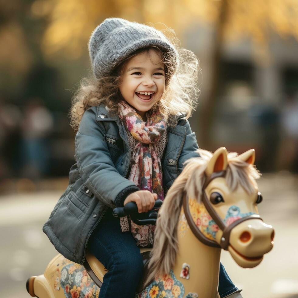 A girl riding a hobbyhorse through a forest photo