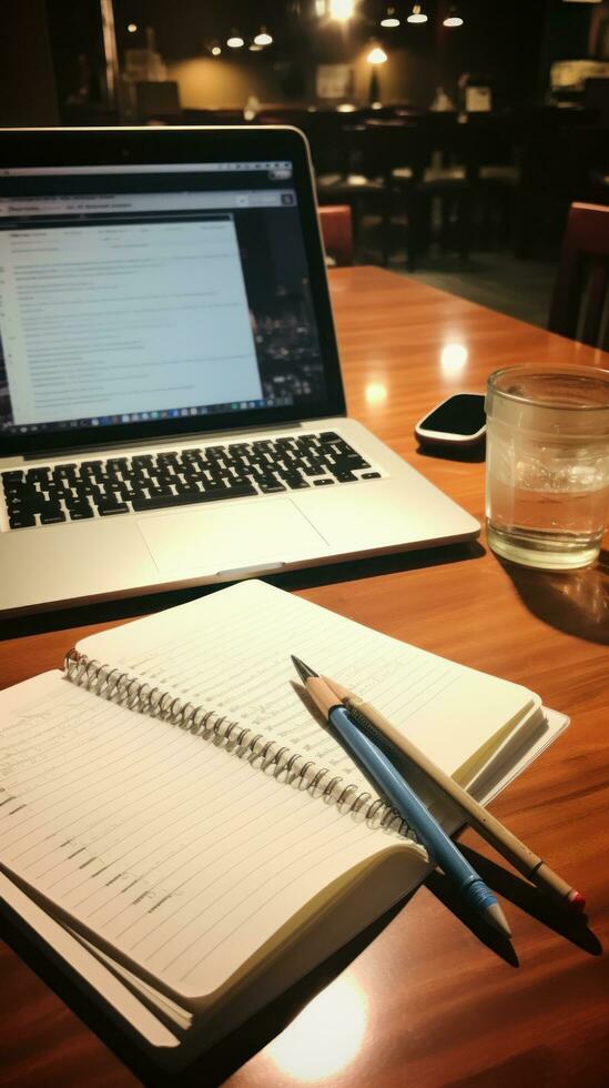 Desk with notepad and pen next to keyboard photo