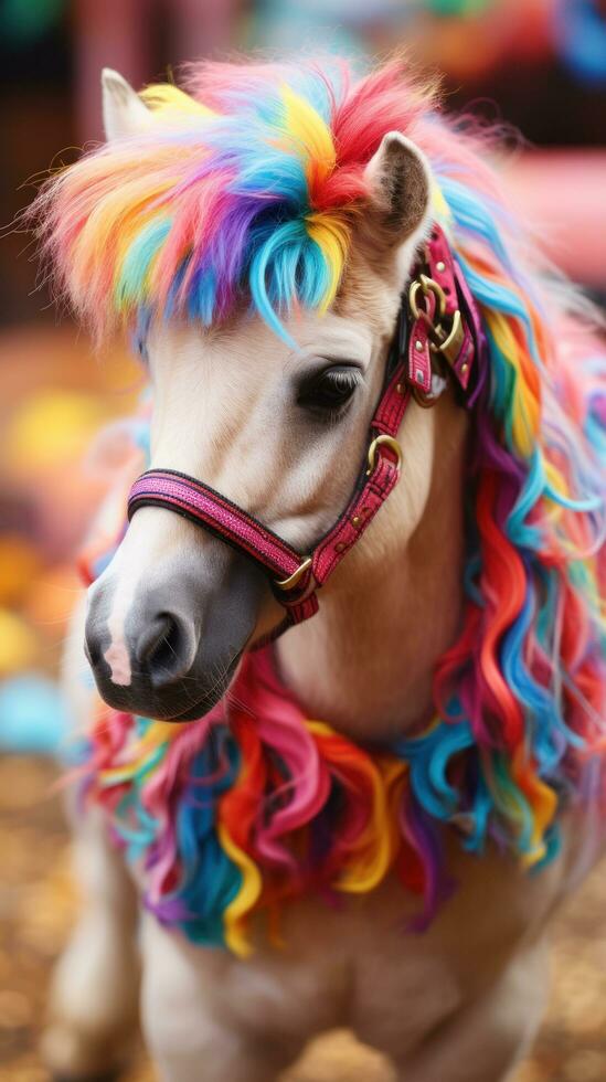 Close-up of a hobbyhorse with a colorful mane and reins photo