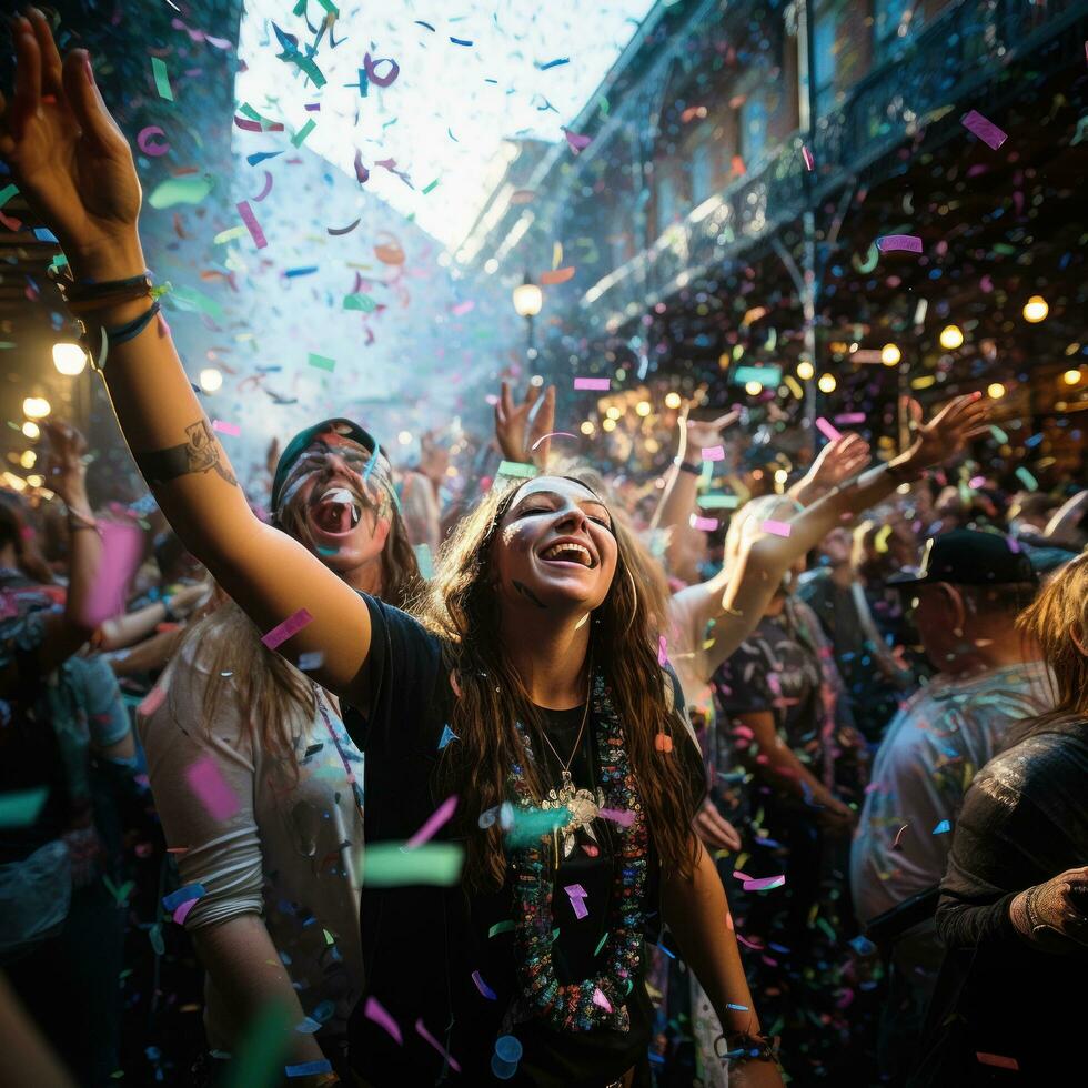 Confetti and streamers rain down on crowds photo