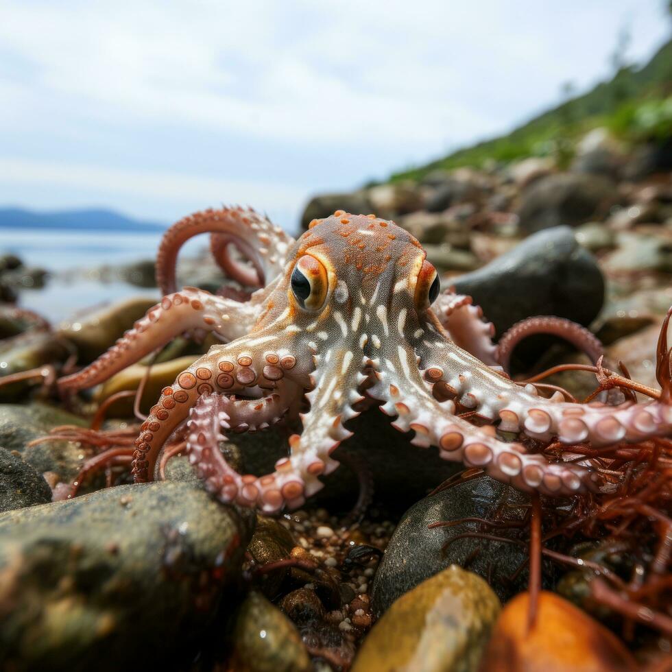 Elusive octopus camouflaged in the rocks and seaweed photo