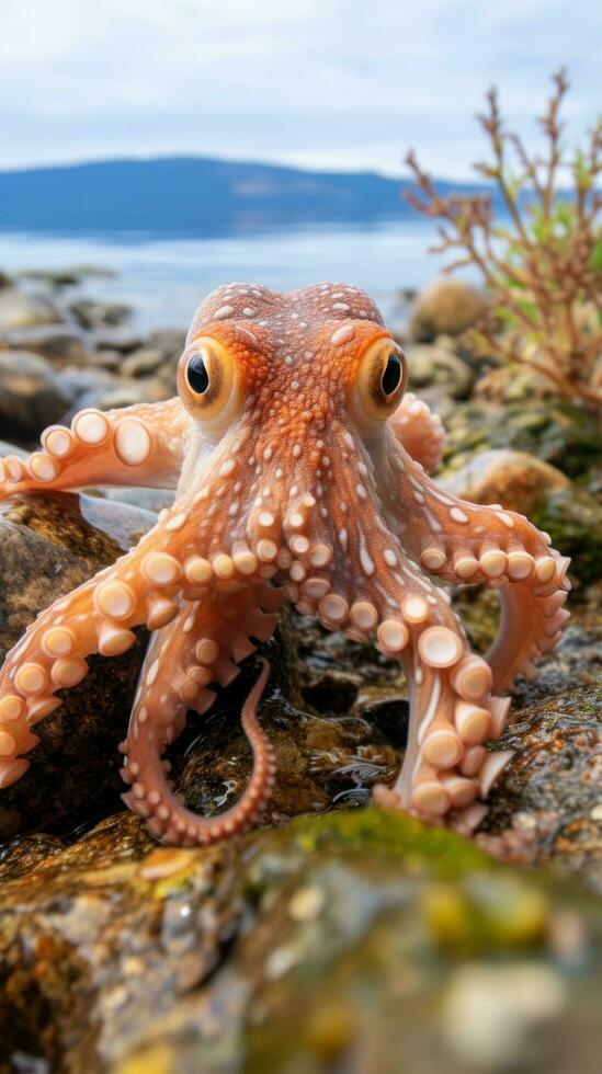 Elusive octopus camouflaged in the rocks and seaweed photo