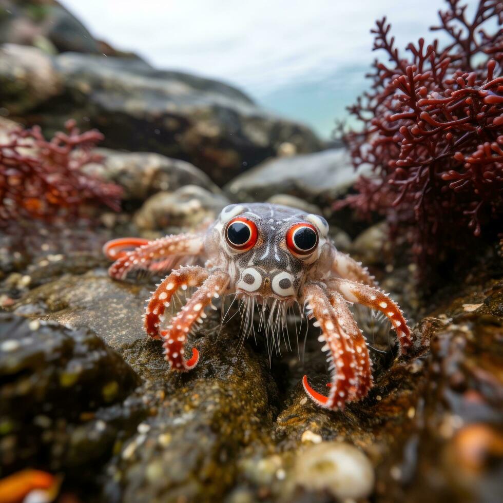 Elusive octopus camouflaged in the rocks and seaweed photo