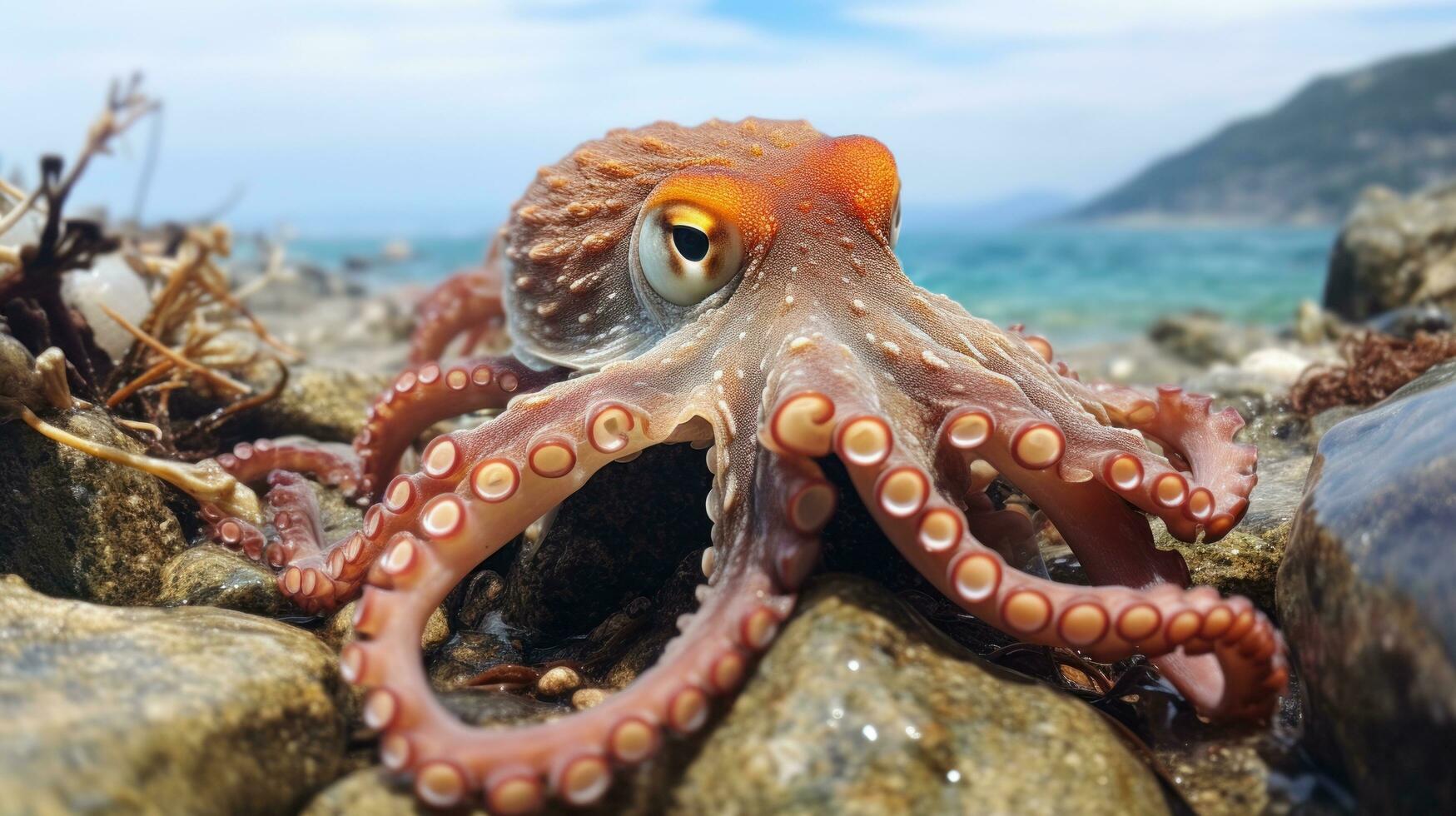 Elusive octopus camouflaged in the rocks and seaweed photo