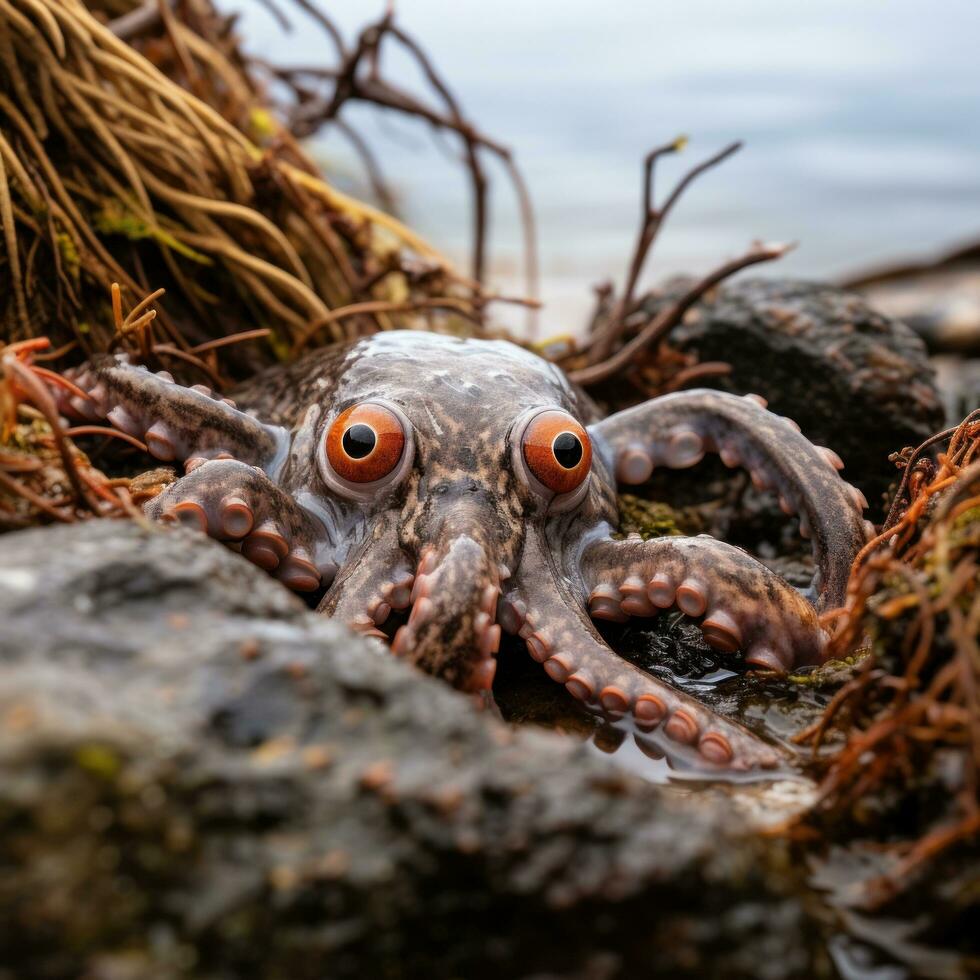 Elusive octopus camouflaged in the rocks and seaweed photo