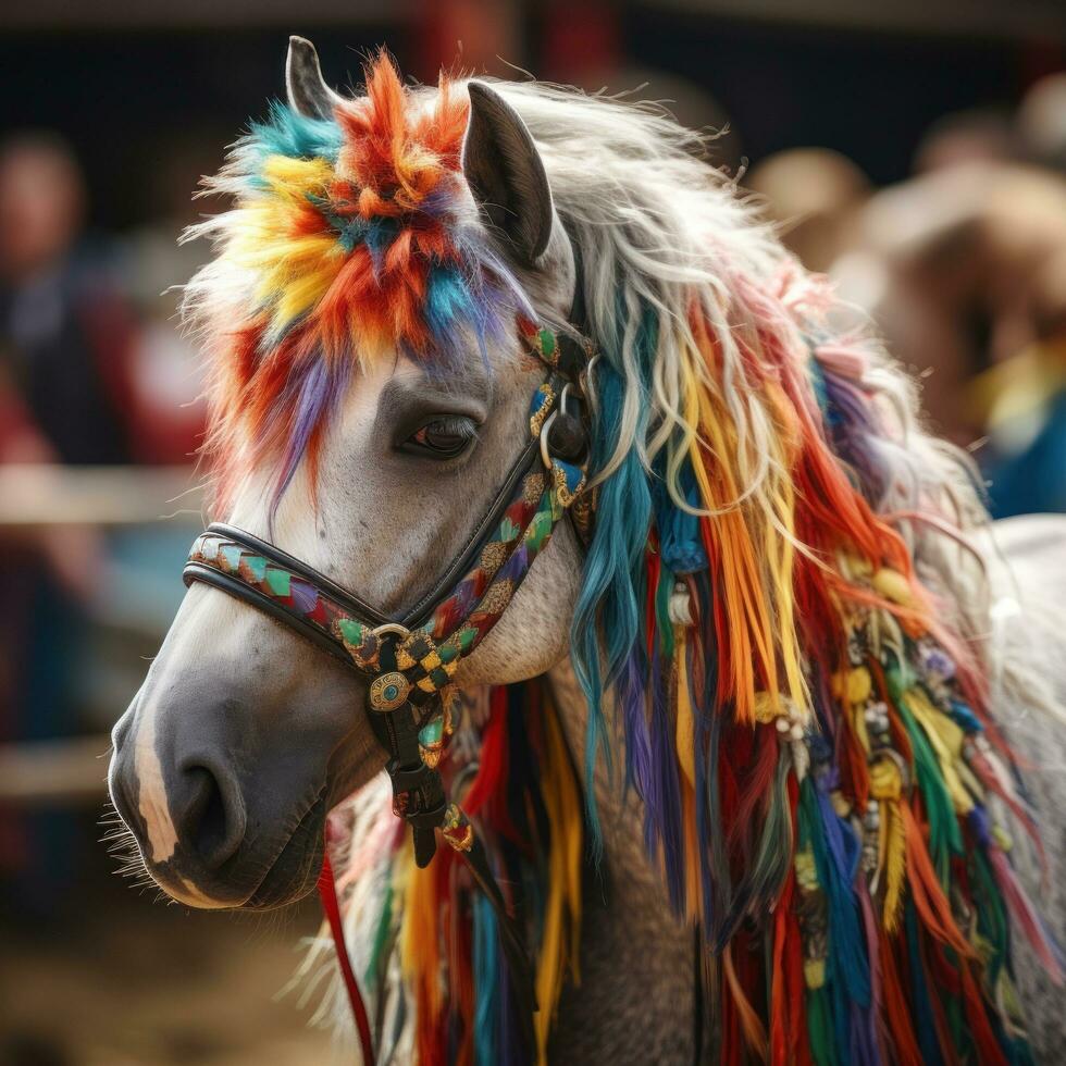 Close-up of a hobbyhorse with a colorful mane and reins photo