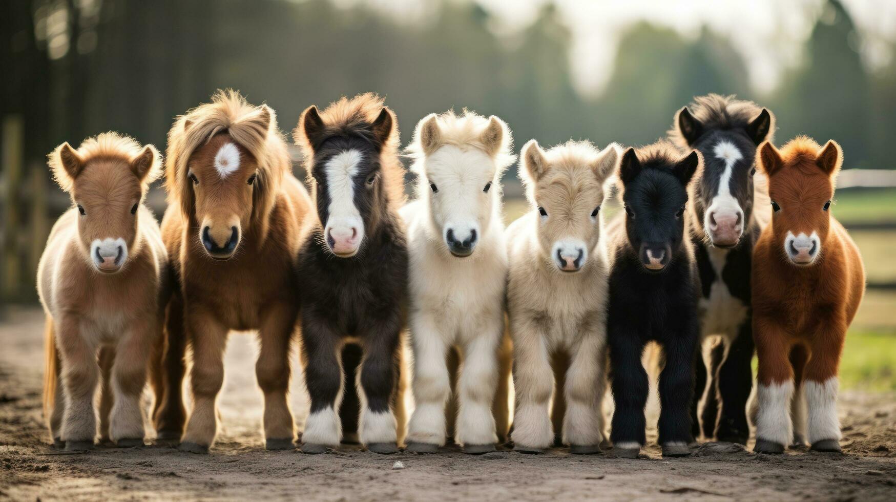 A group of hobbyhorses lined up on a field photo