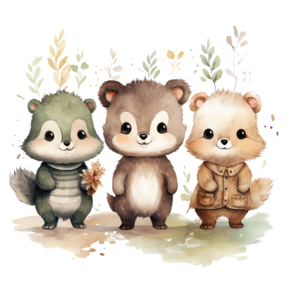 Cute woodland animals in watercolor style. isolated png