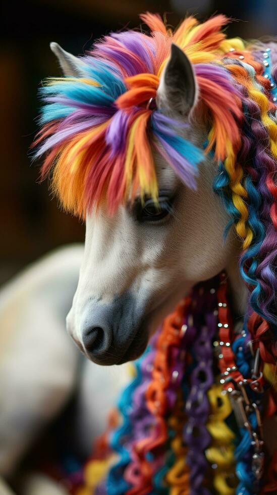 Close-up of a hobbyhorse with a colorful mane and reins photo