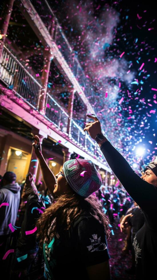 Confetti and streamers rain down on crowds photo