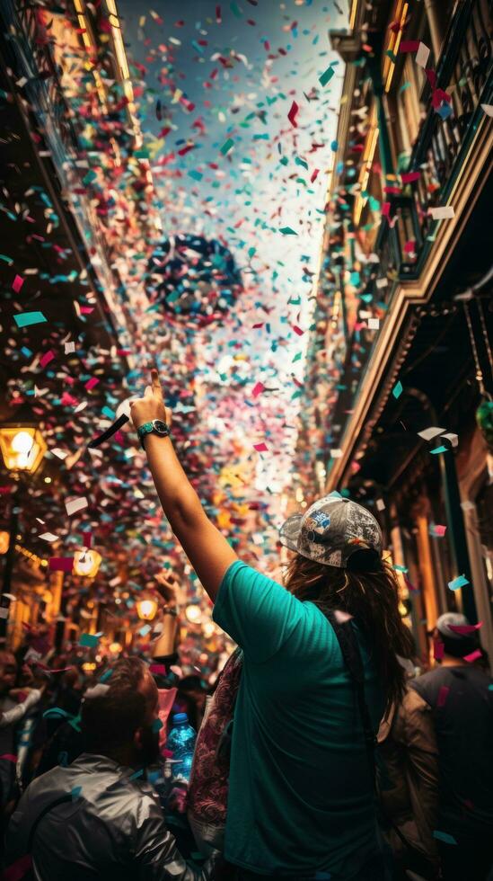 Confetti and streamers rain down on crowds photo