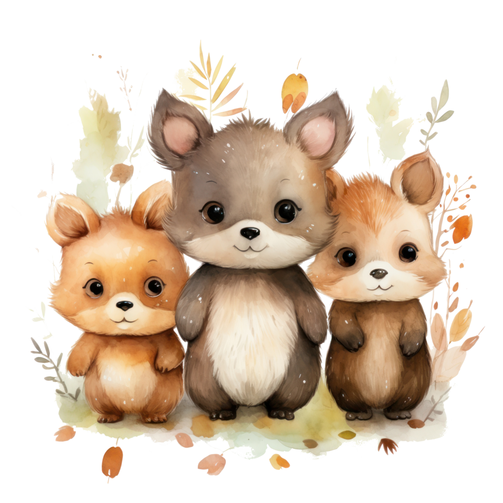 Cute woodland animals in watercolor style. isolated png