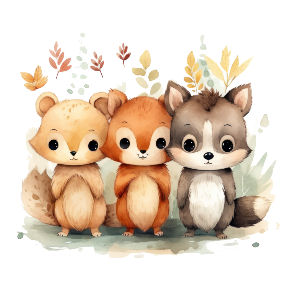 Cute woodland animals in watercolor style. isolated png