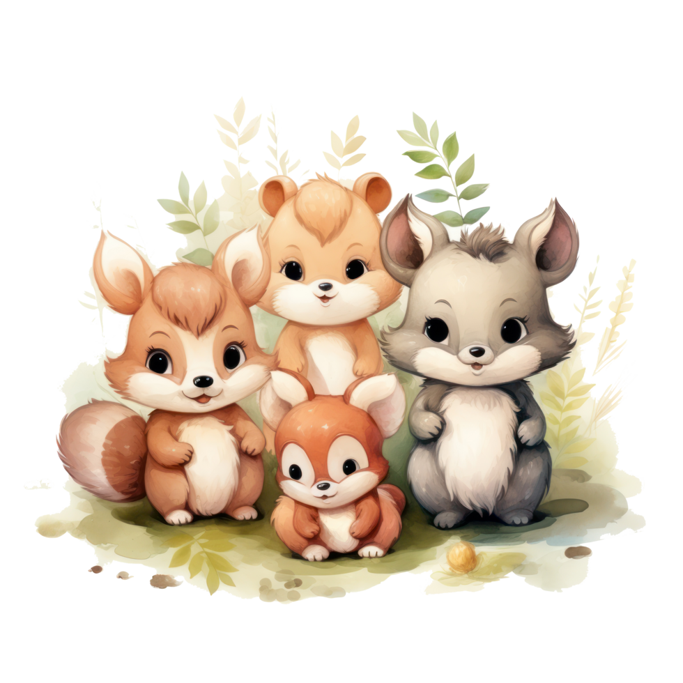 Cute woodland animals in watercolor style. isolated png