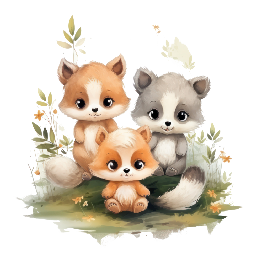 Cute woodland animals in watercolor style. isolated png