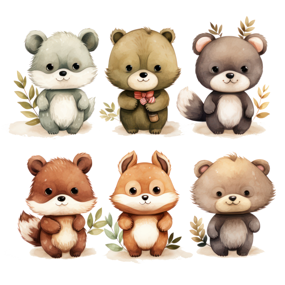 Cute woodland animals in watercolor style. isolated png