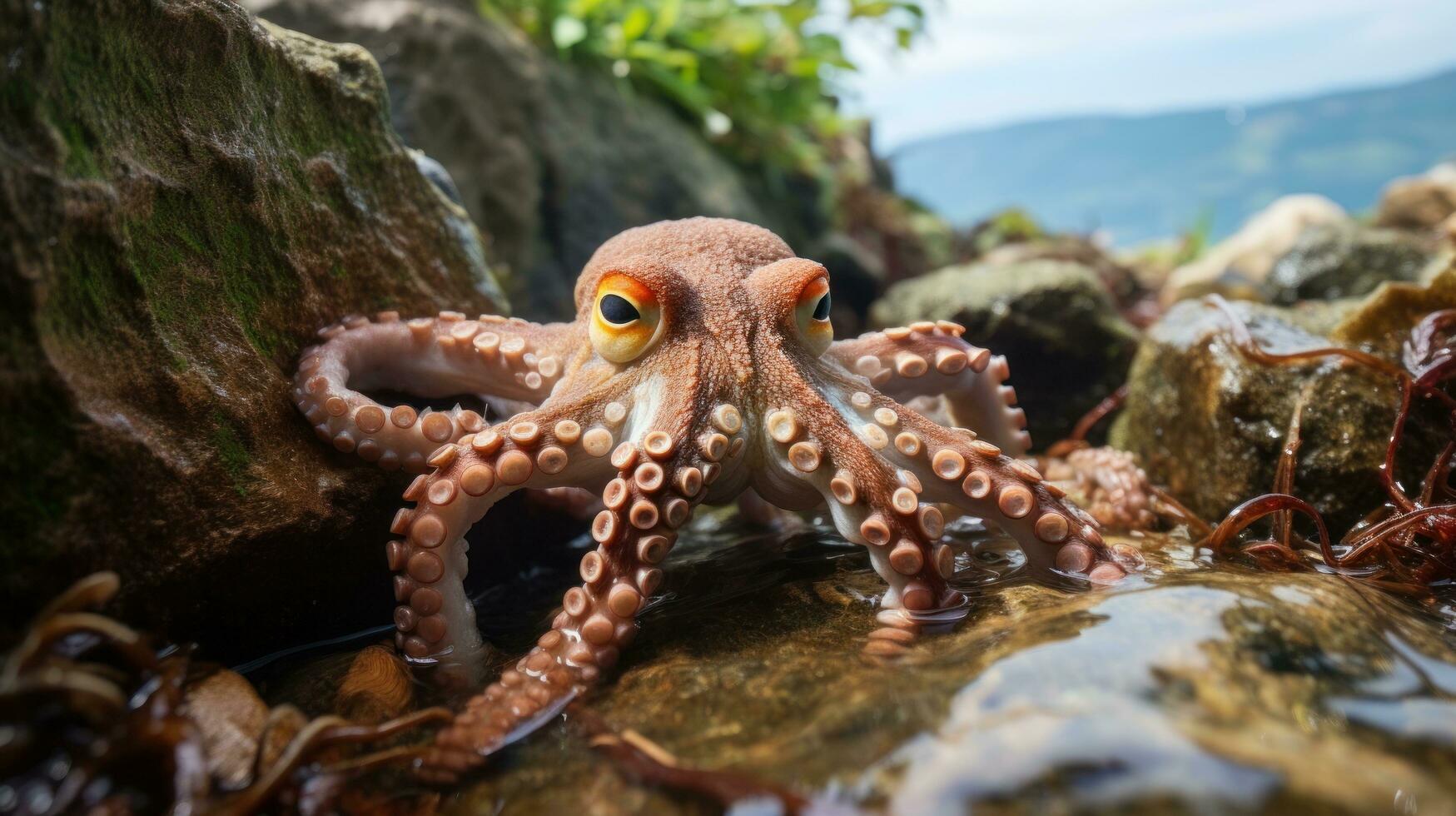 Elusive octopus camouflaged in the rocks and seaweed photo